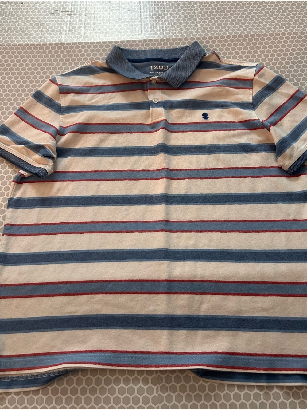 Izod Men’s Cream Polo with Blue and Red Stripes. Stretch Size XXL